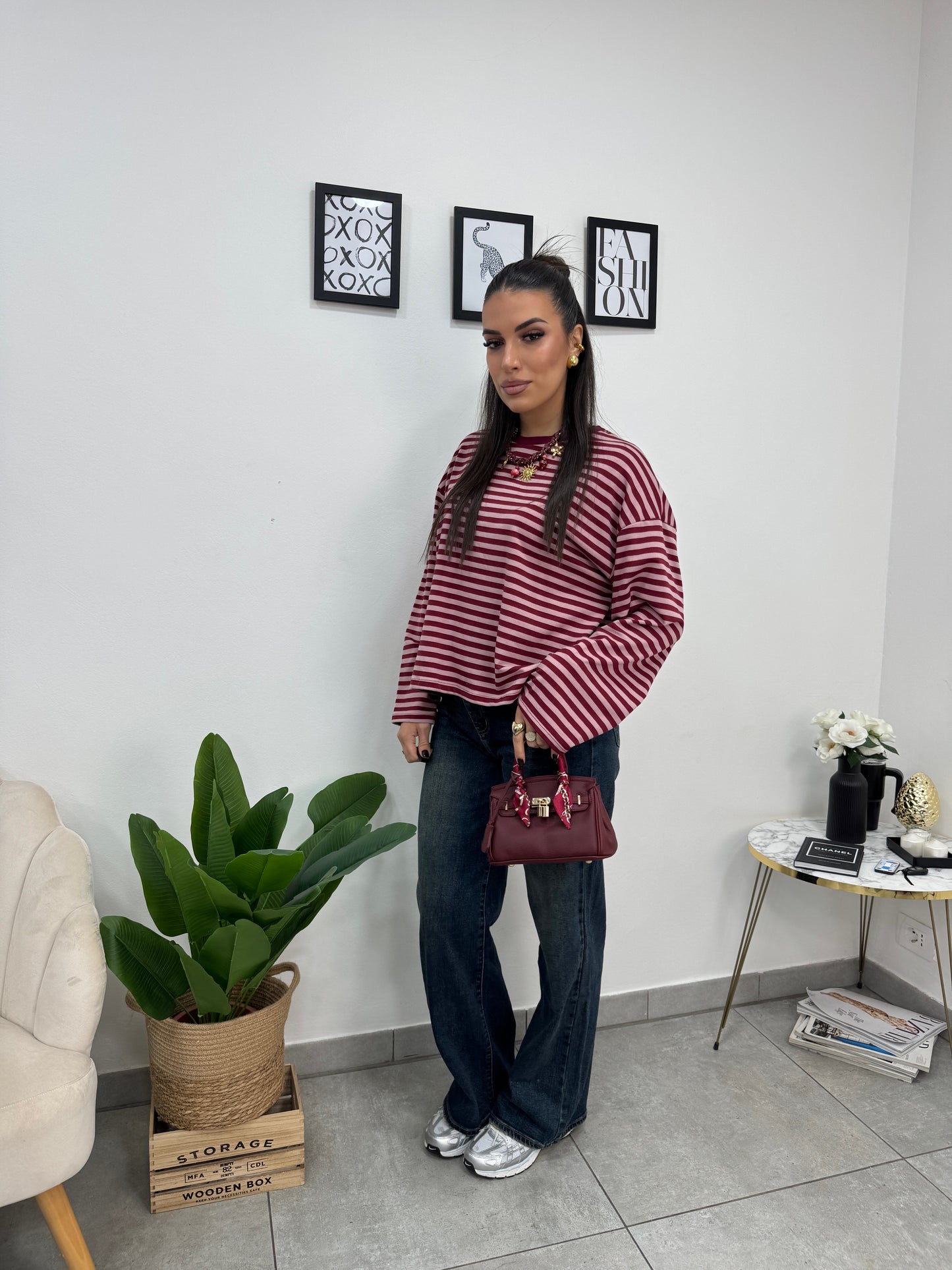 Maglia Righe Bordeaux Rosa