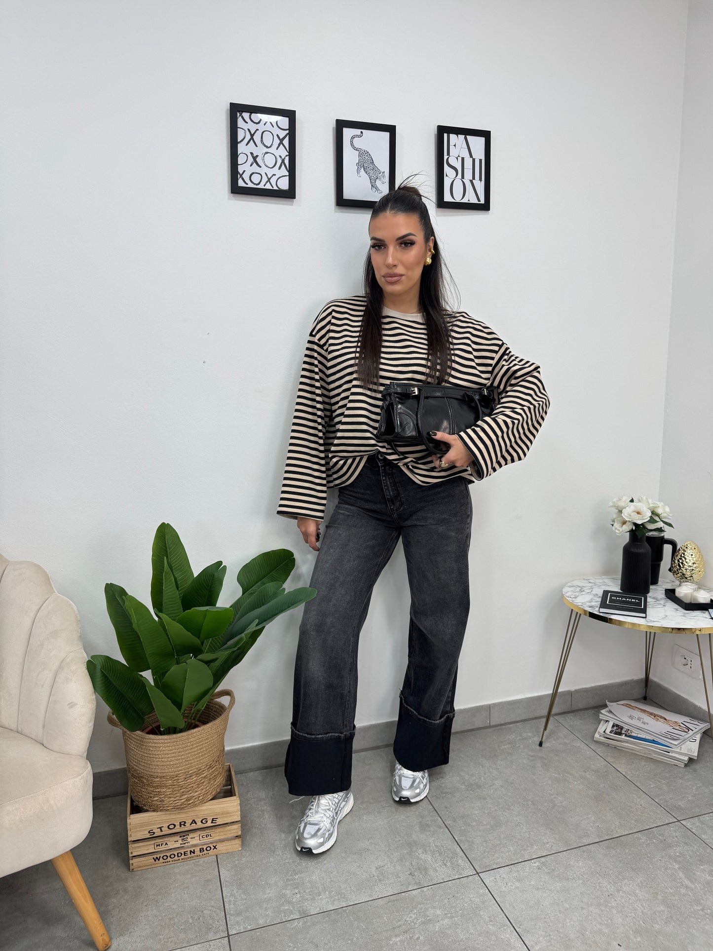 Maglia Righe Beige Nero