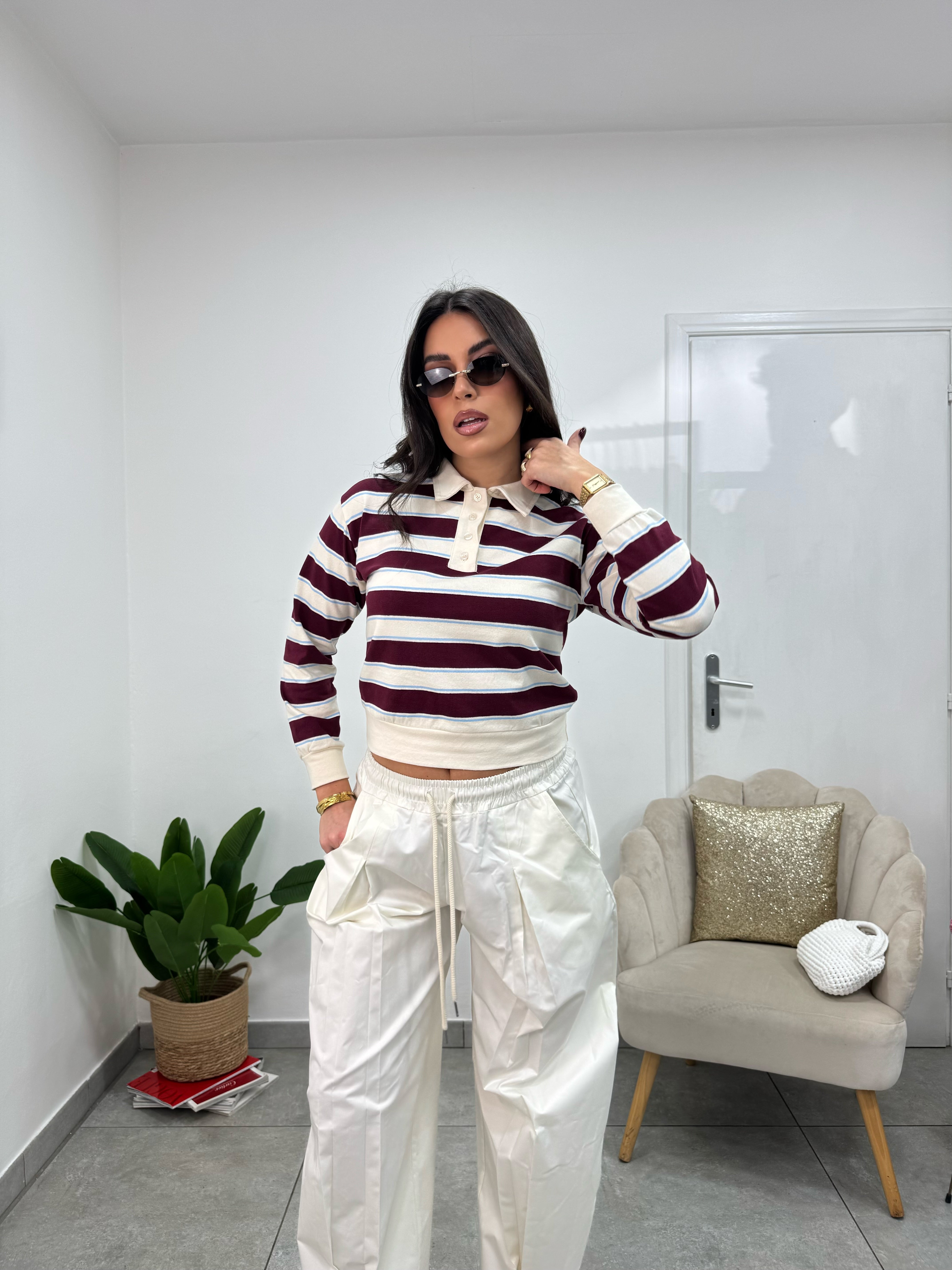 Maglia Polo Righe Panna Bordeaux