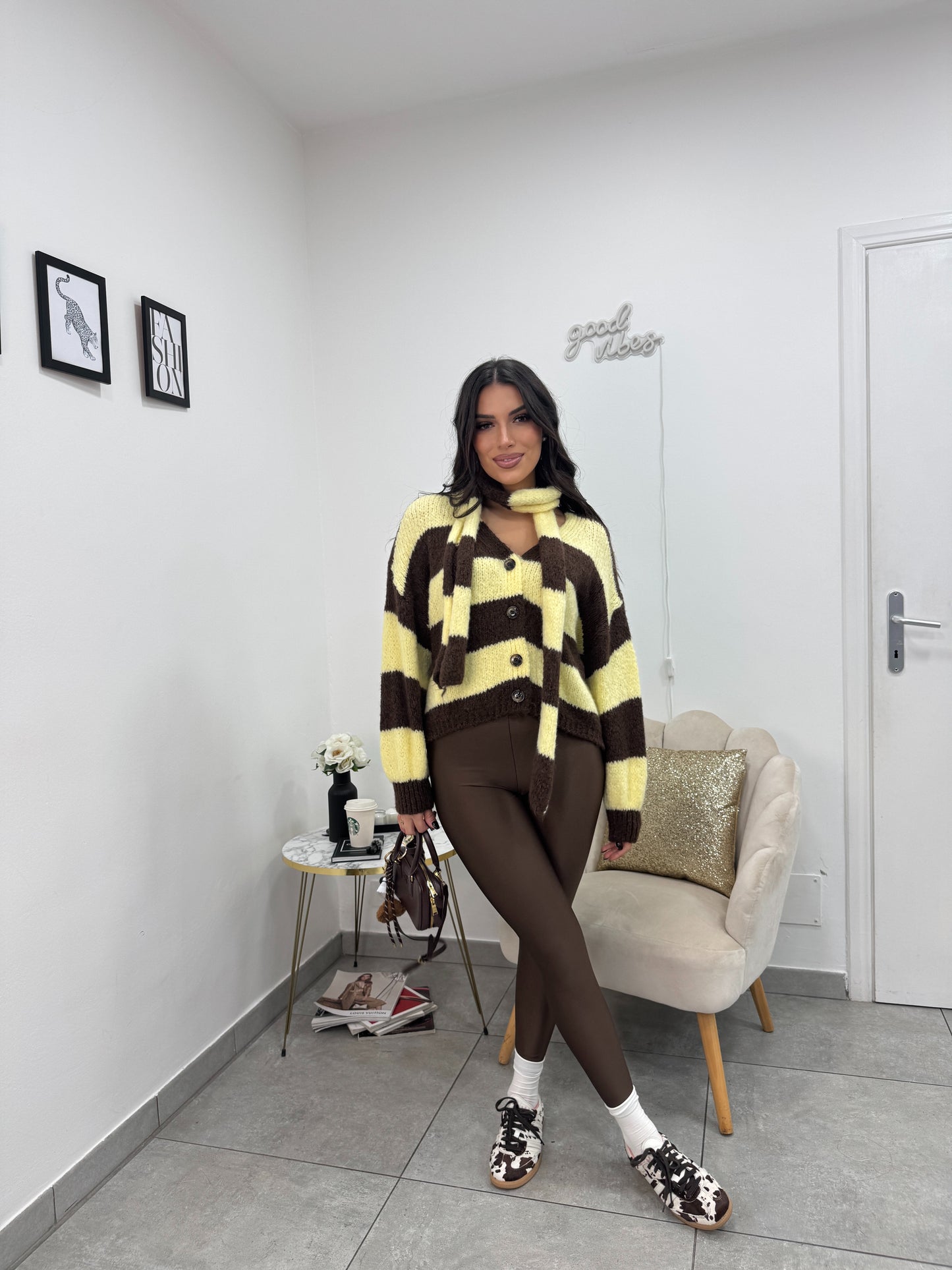 Cardigan Sciarpa Marrone Giallo