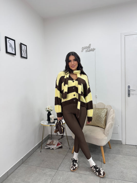 Cardigan Sciarpa Marrone Giallo