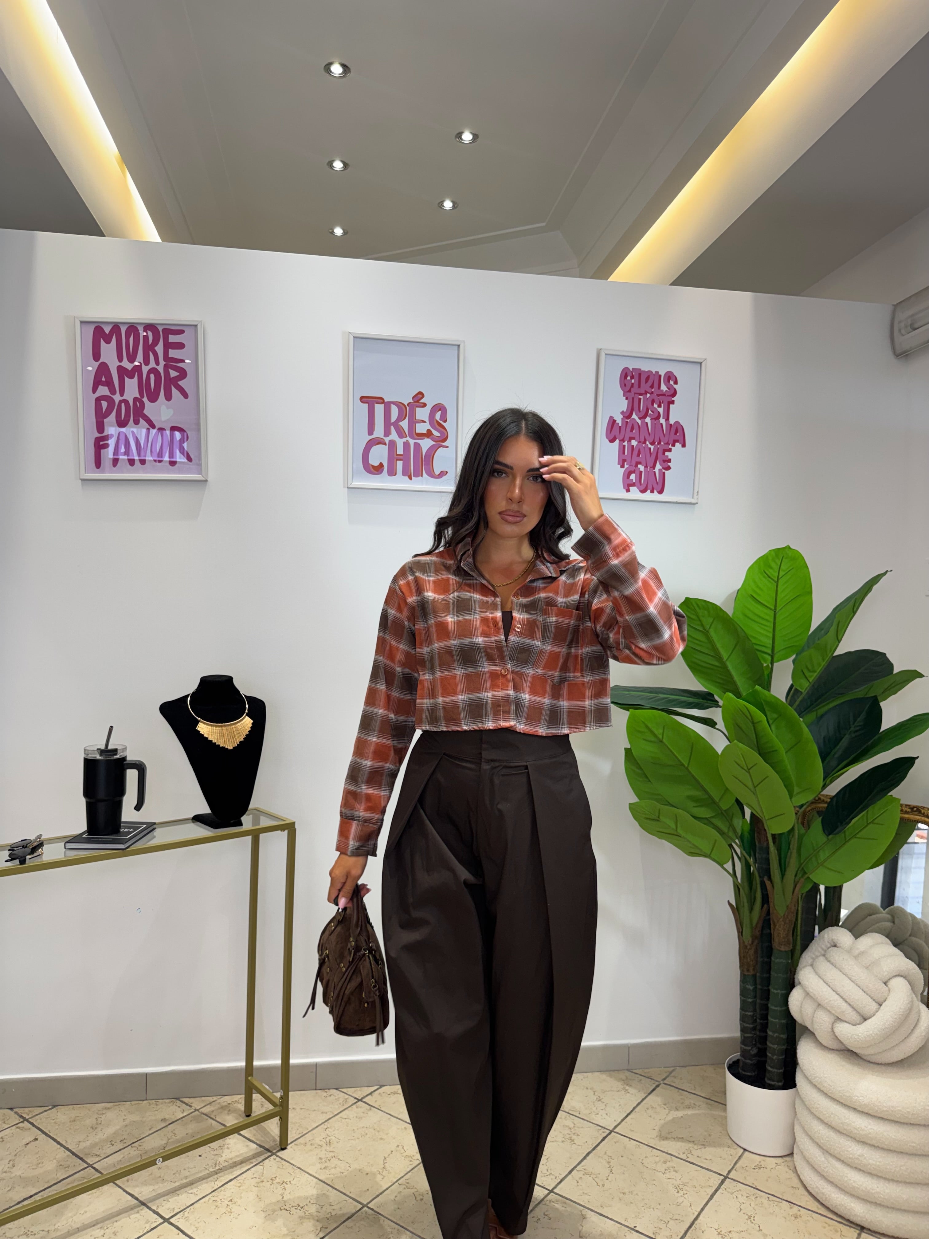 Camicia Crop Quadri Marrone/Coccio