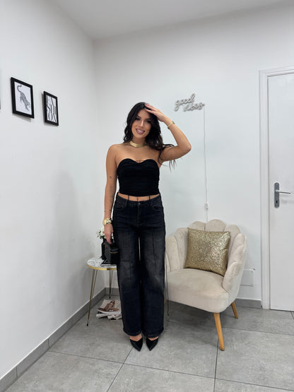 Crop Top Stringato Nero