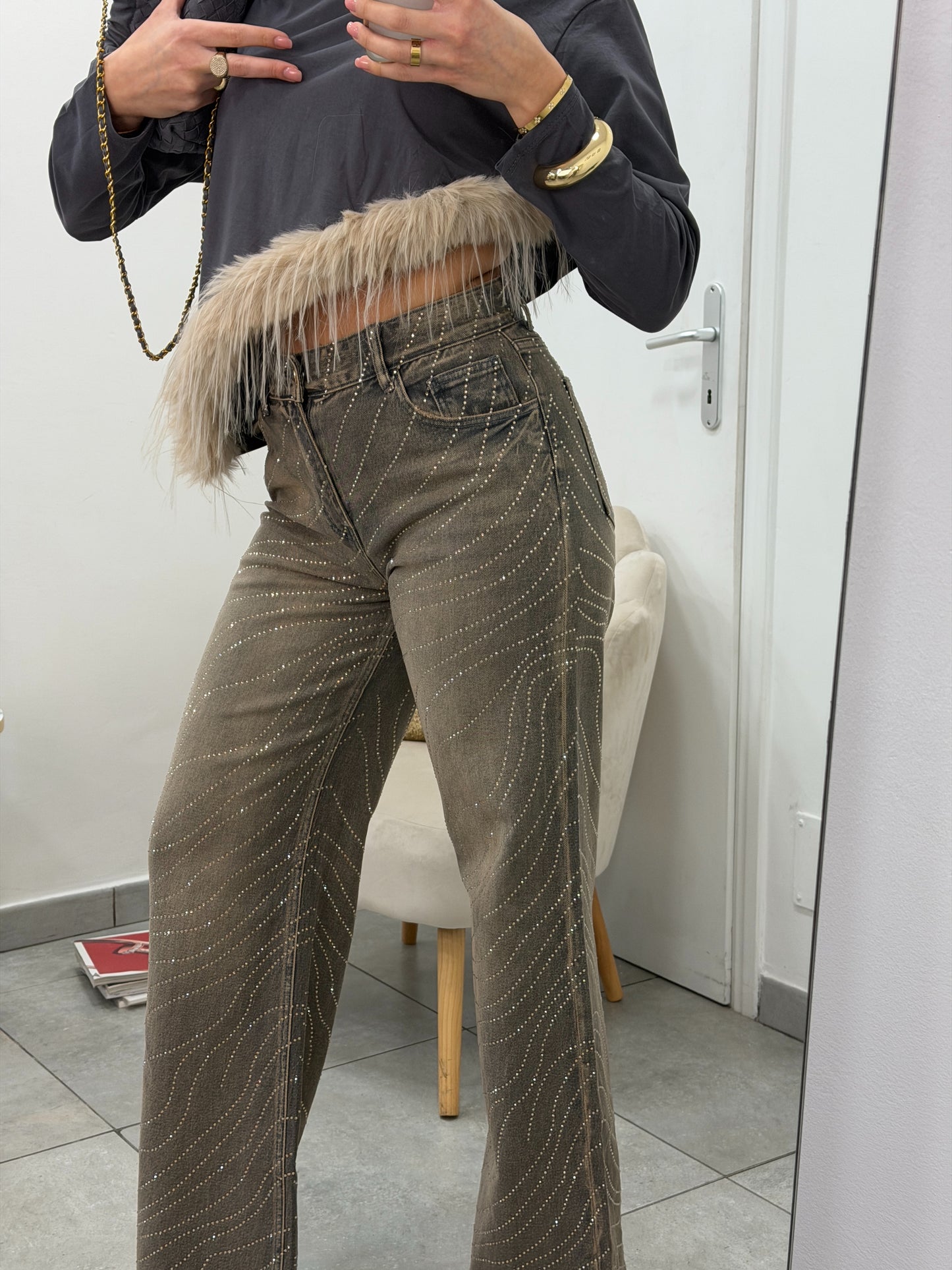 Jeans Wideleg Vintage Strass