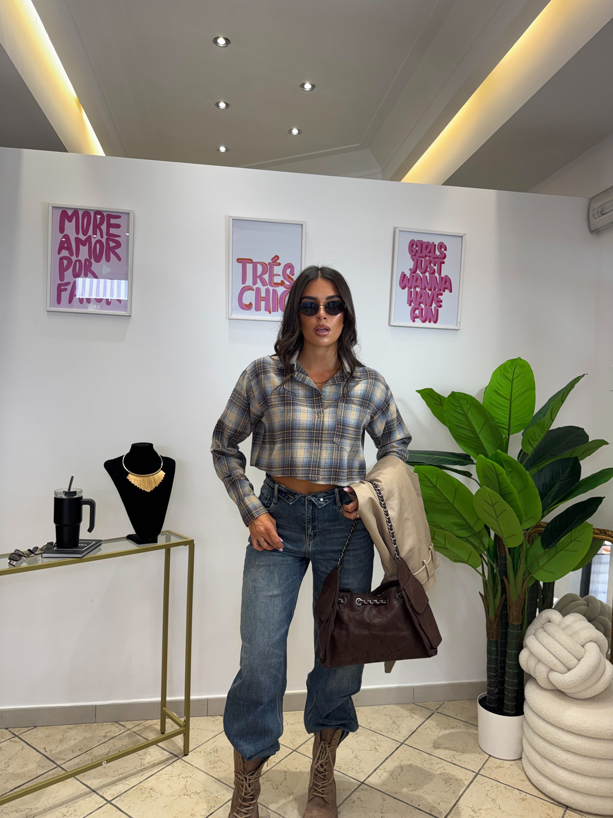 Camicia Crop Quadri Celeste/Marrone