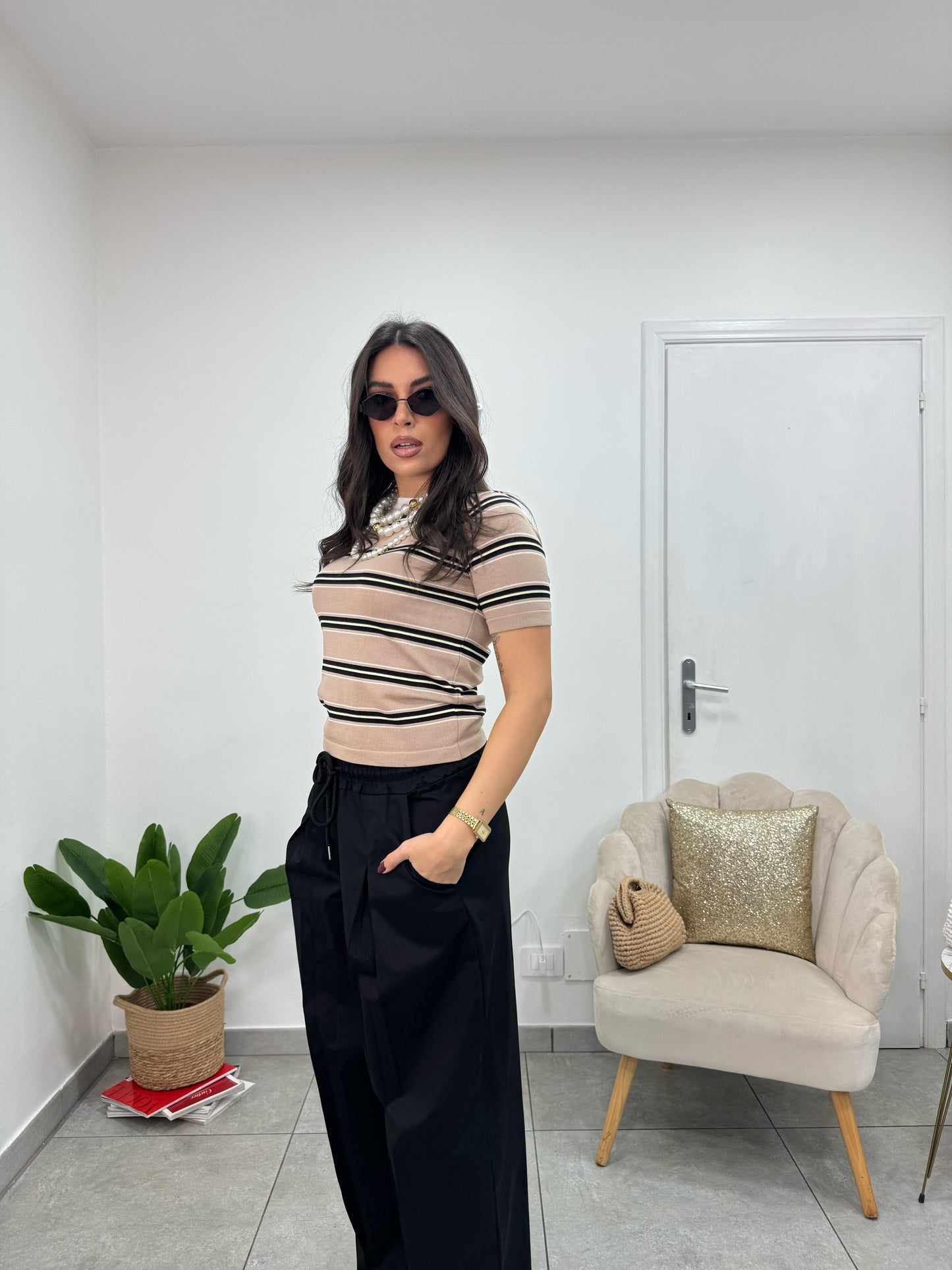 Maglia Spring Righe Beige Nera