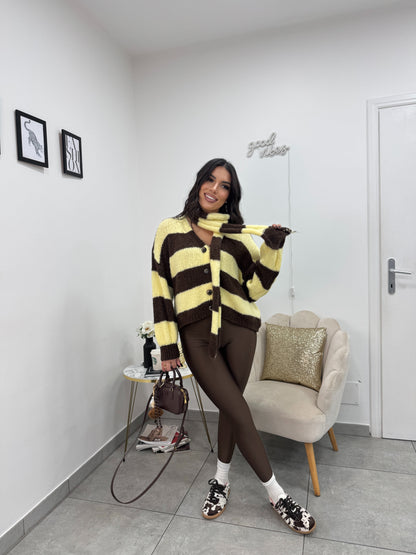Cardigan Sciarpa Marrone Giallo