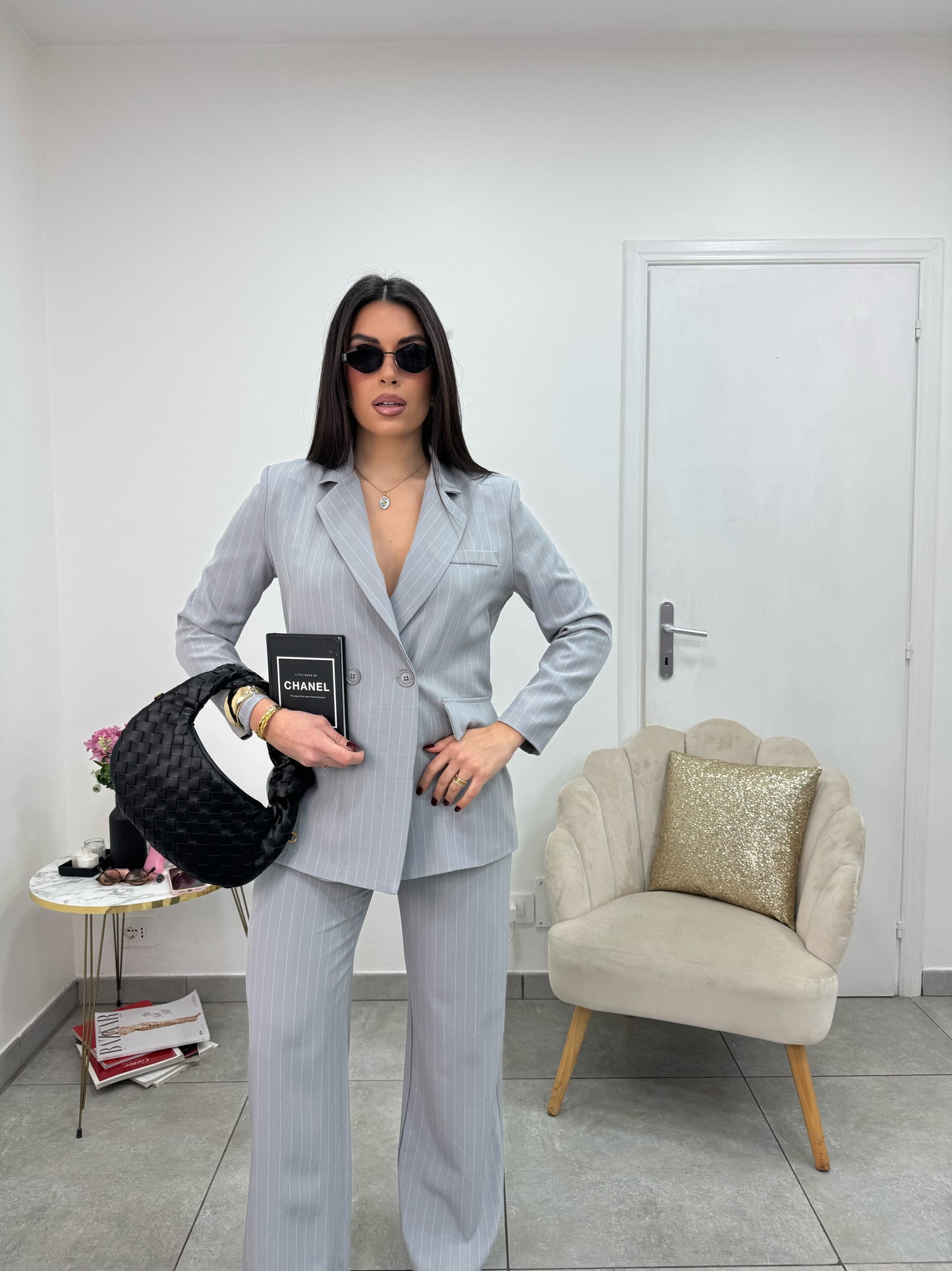 Giacca Gessata Doppiopetto Grigia