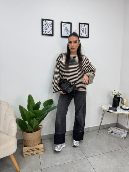 Maglia Righe Beige Nero