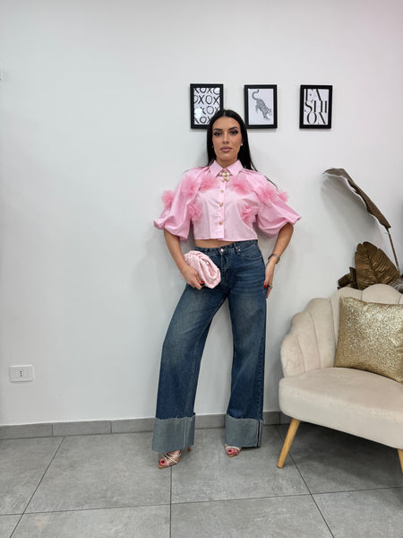 Camicia Crop Flowers Rosa