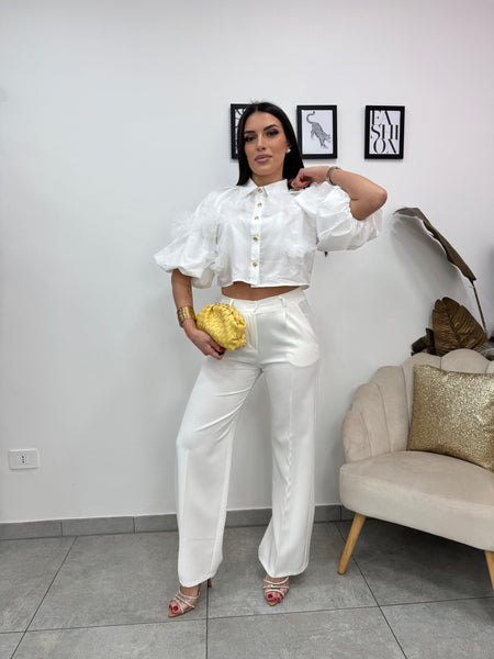 Camicia Crop Flowers Bianca