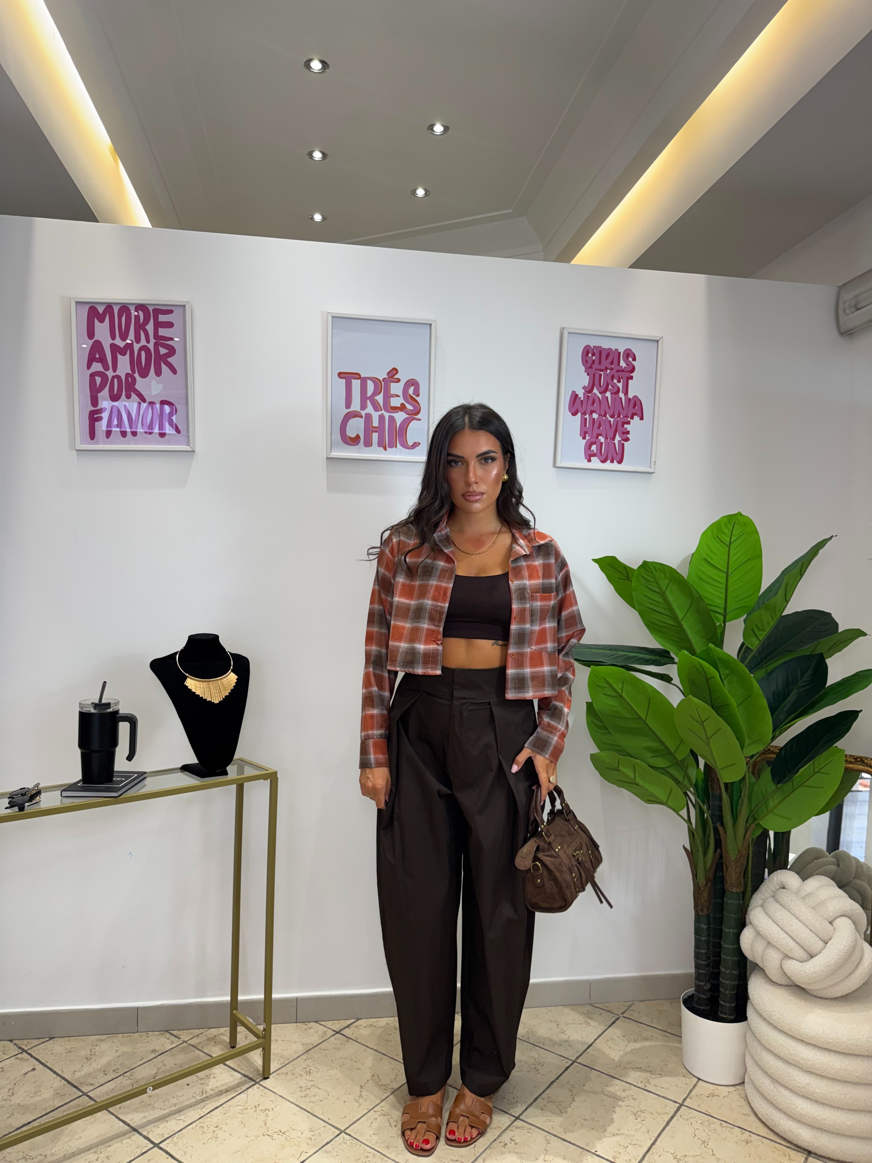 Camicia Crop Quadri Marrone/Coccio