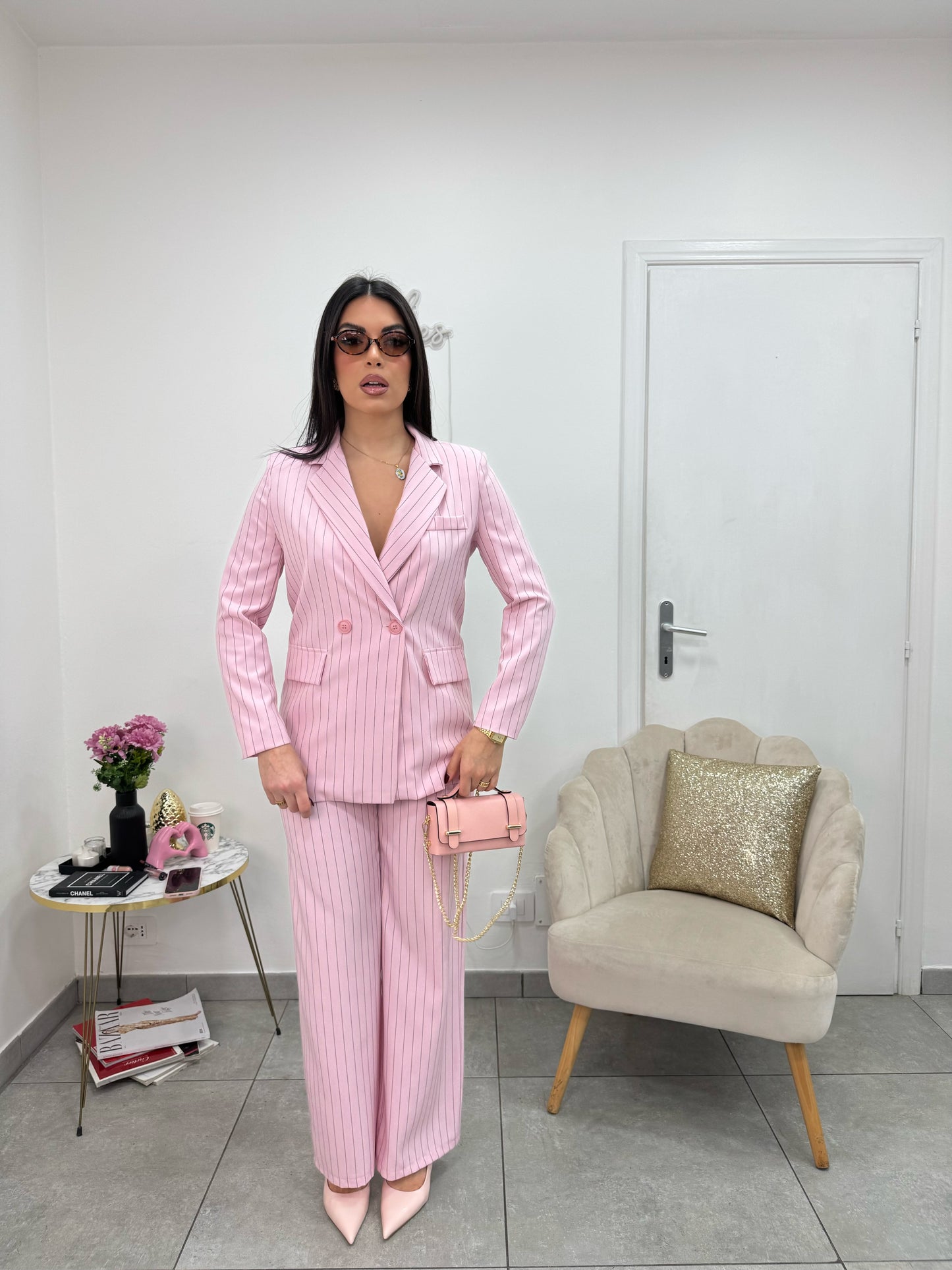 Giacca Gessata Doppiopetto Rosa