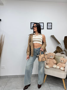 Polo Crop Righe Beige