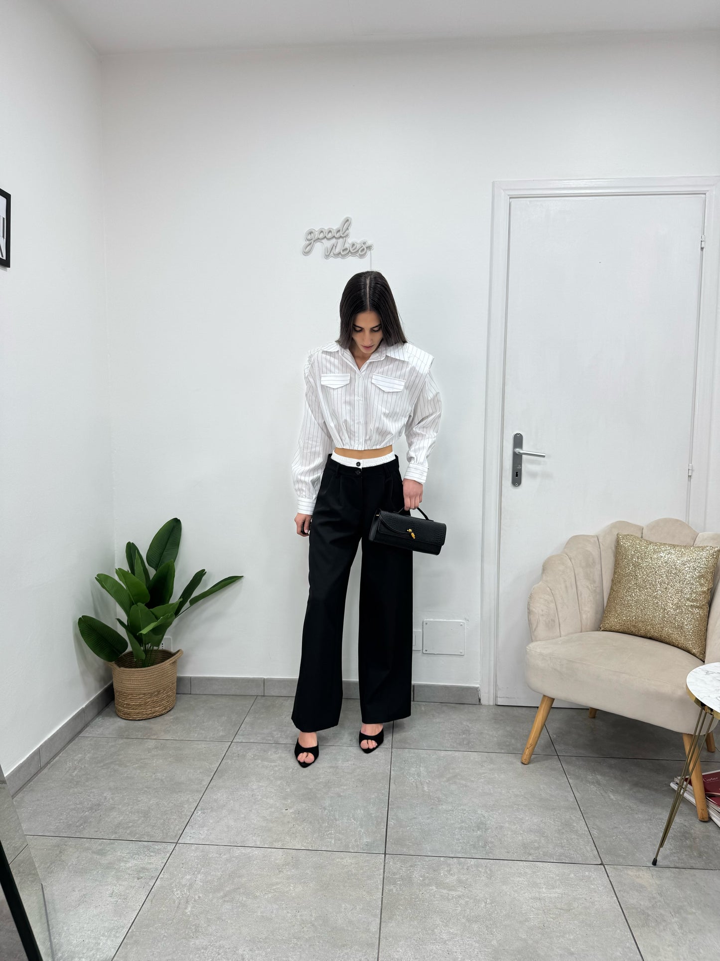 Camicia Crop Righe Bianca