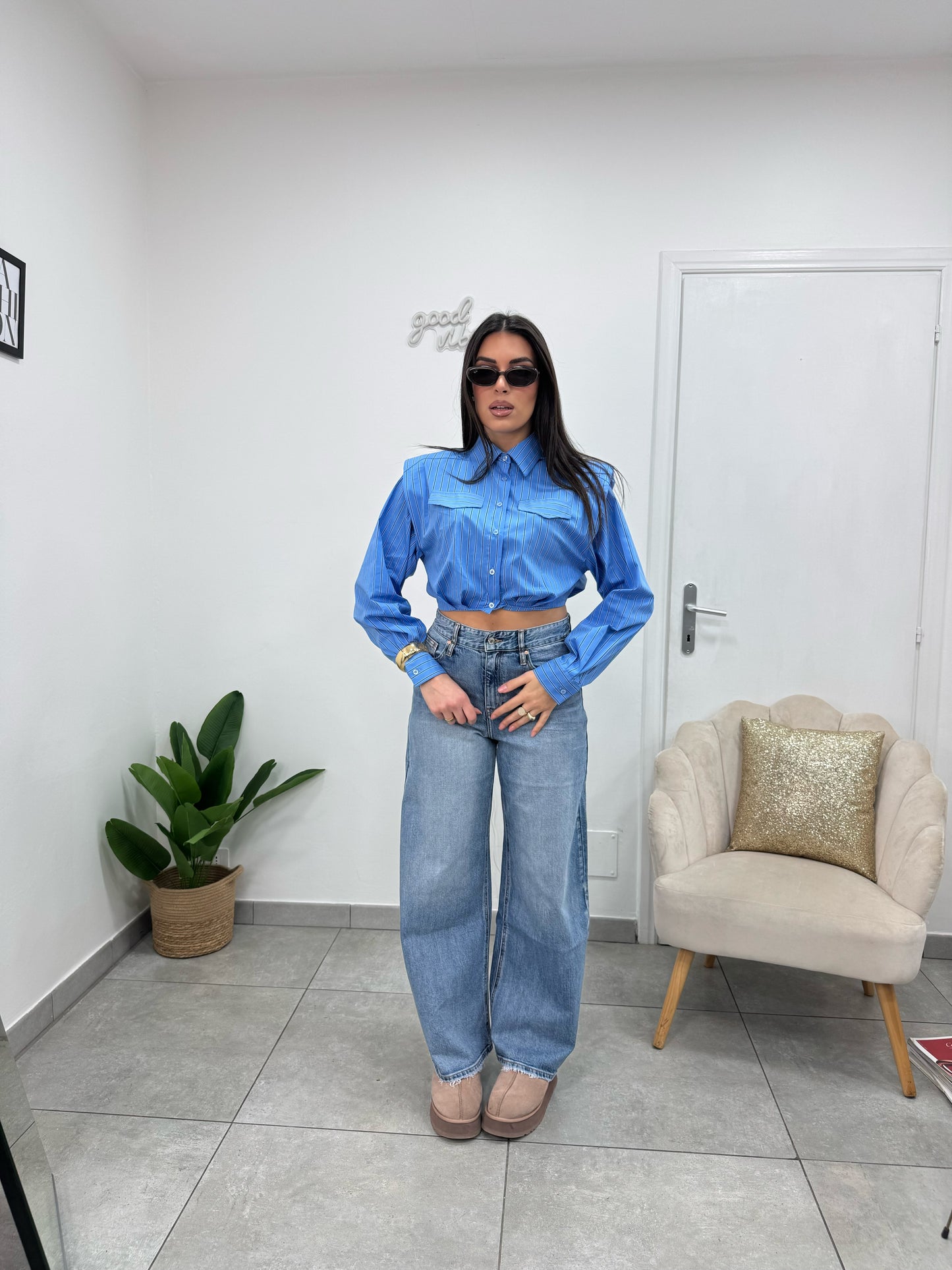 Camicia Crop Righe Azzurra