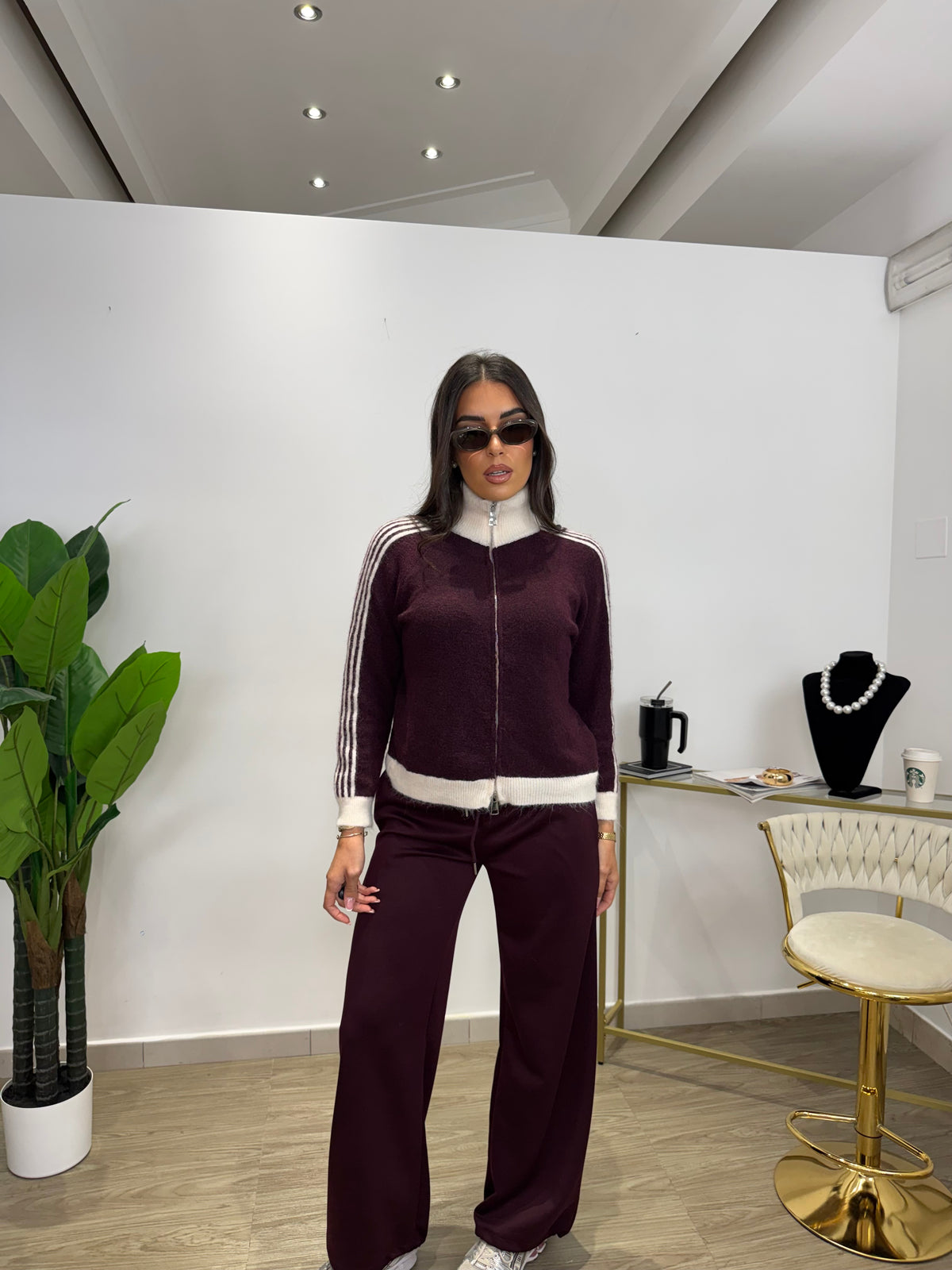 Pull Zip Bicolor Vino/Panna