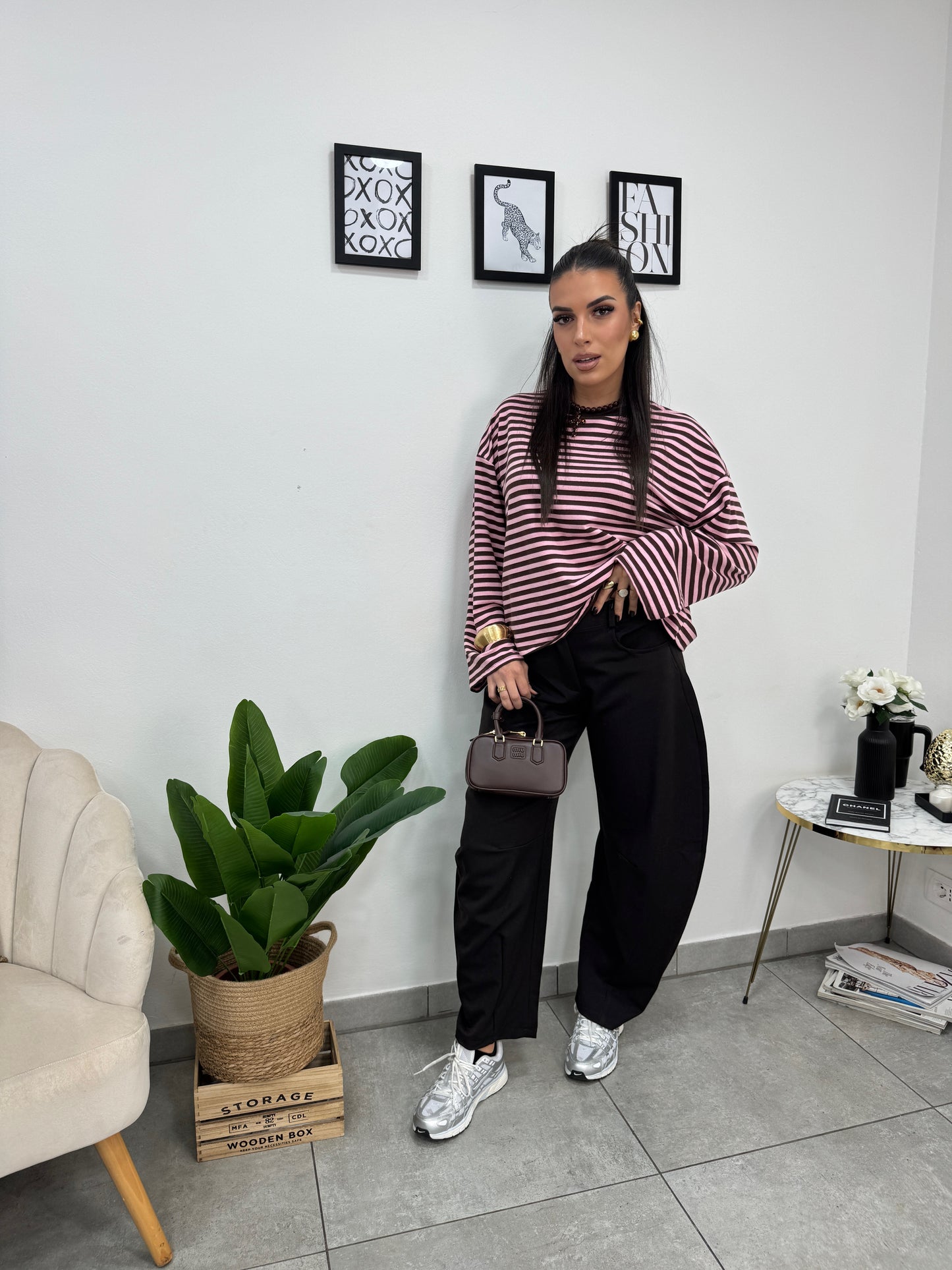 Maglia Righe Marrone Rosa