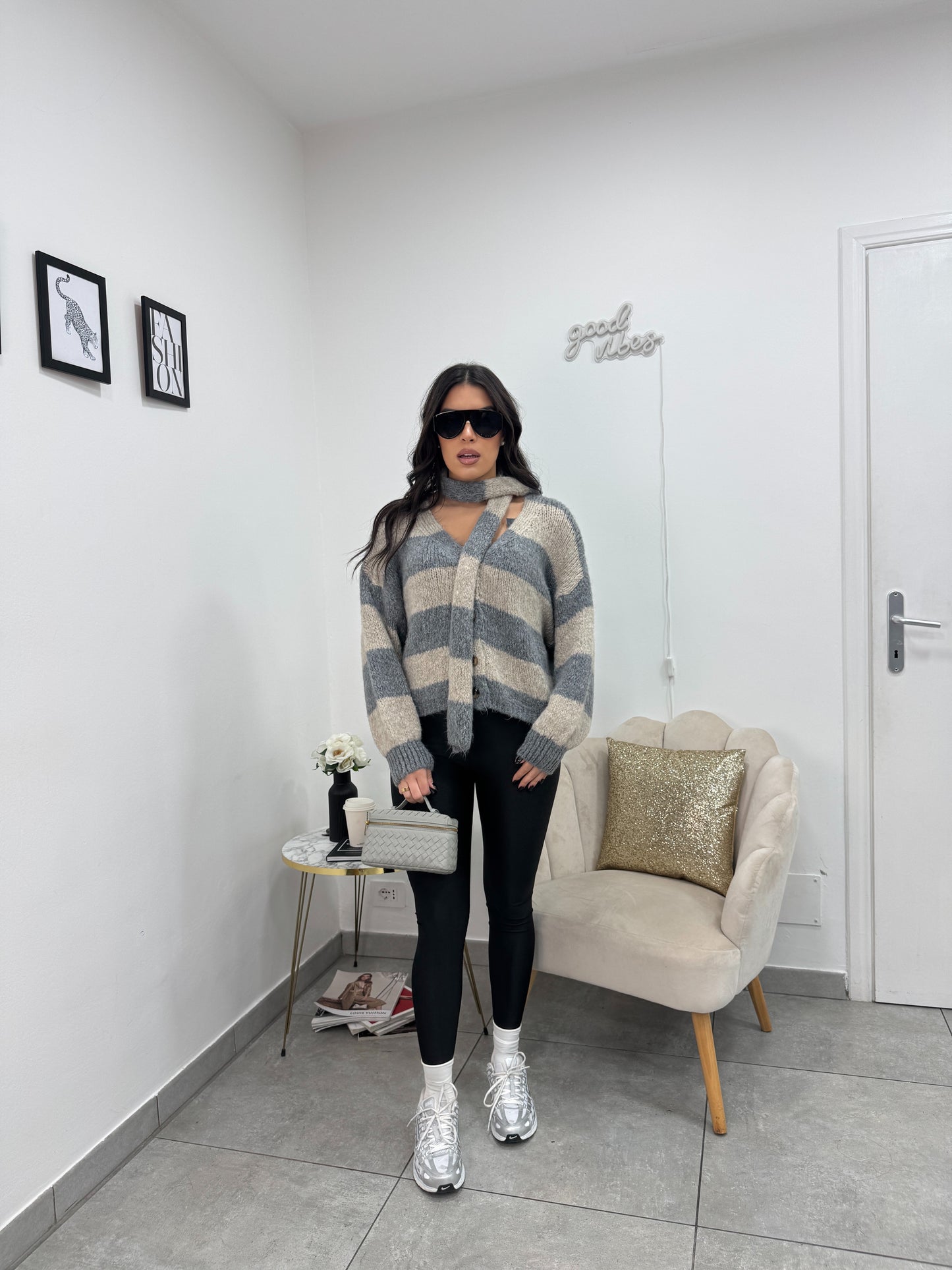 Cardigan Sciarpa Grigio Beige