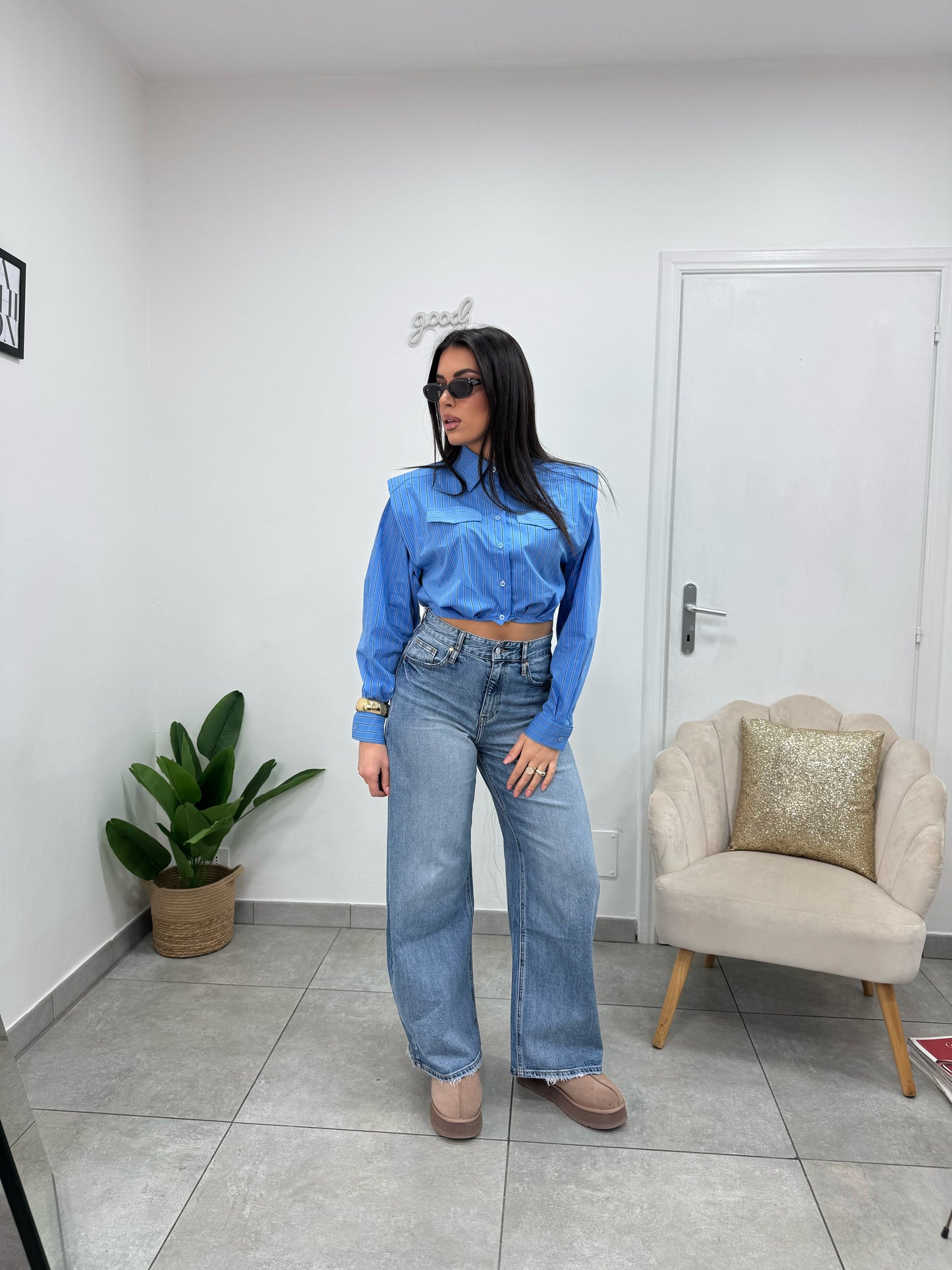 Camicia Crop Righe Azzurra