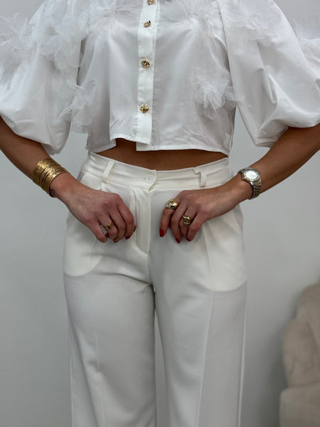 Camicia Crop Flowers Bianca