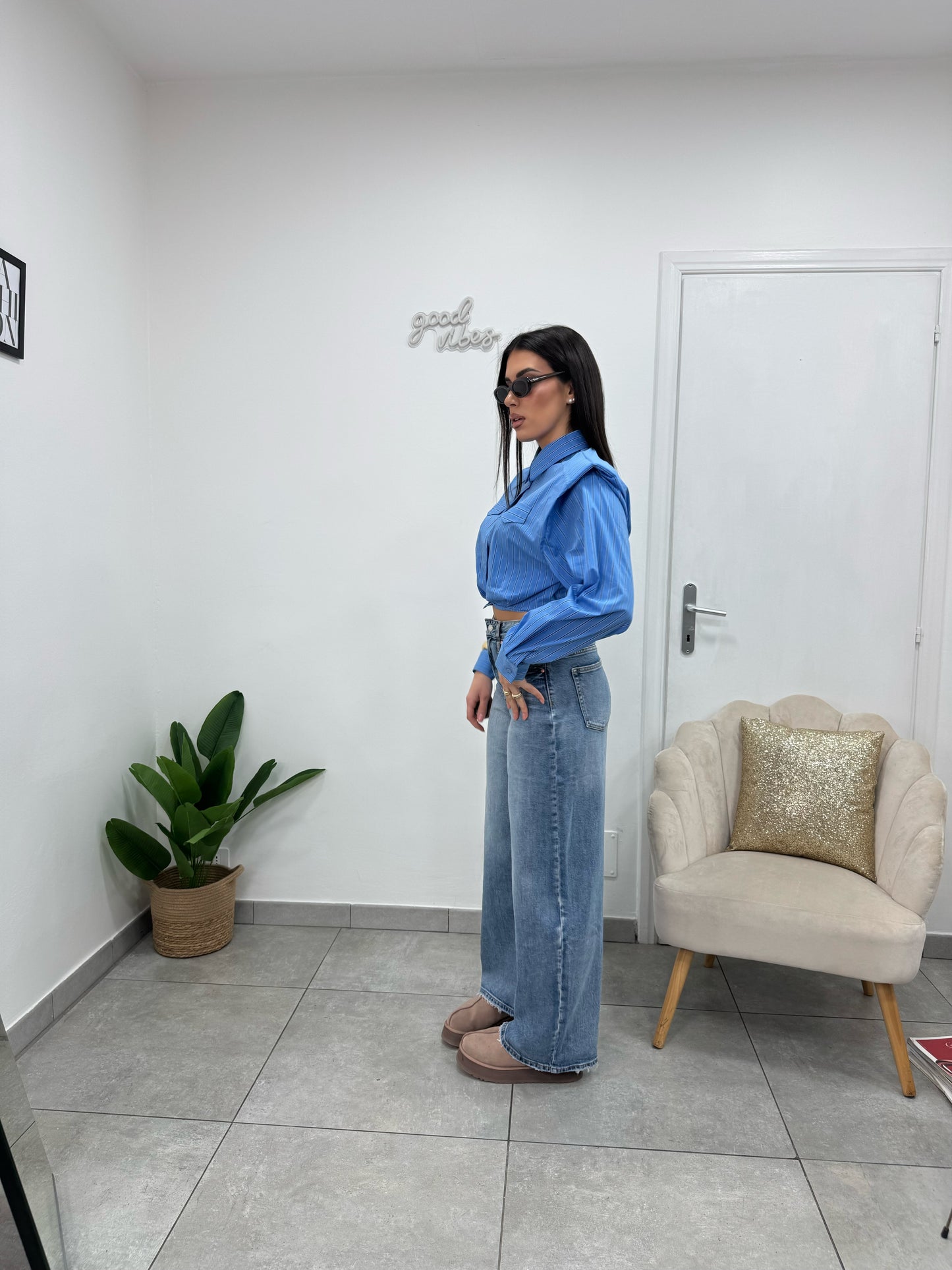 Camicia Crop Righe Azzurra