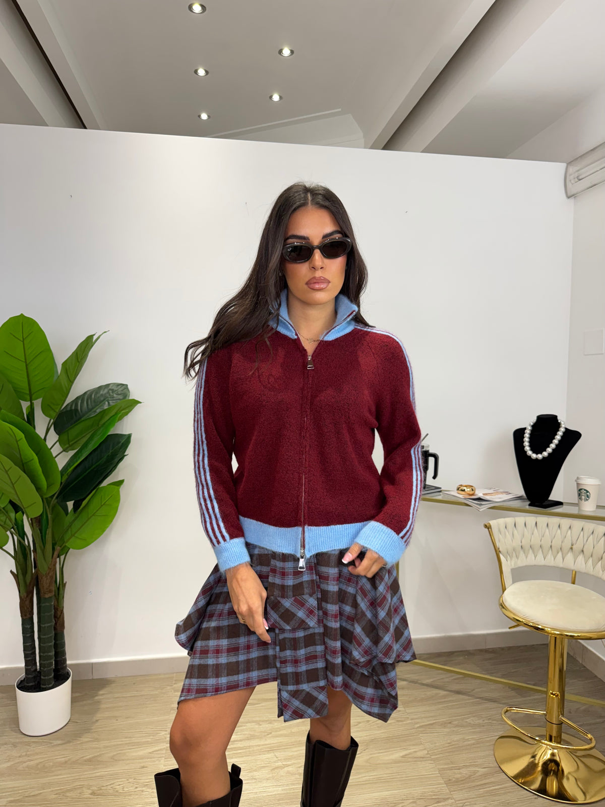 Pull Zip Bicolor Bordeaux/Celeste