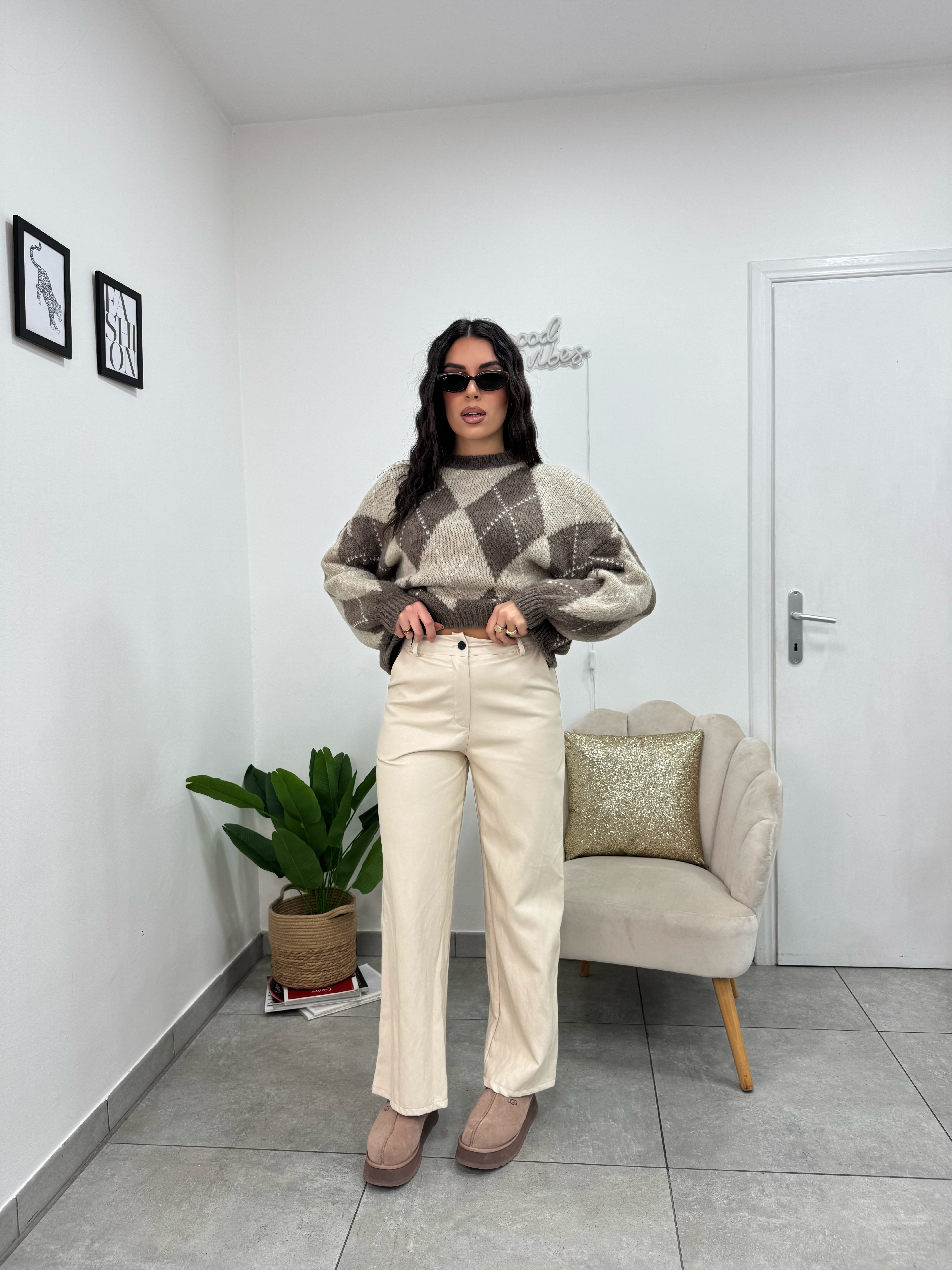 Pantaloni Ecopelle Panna