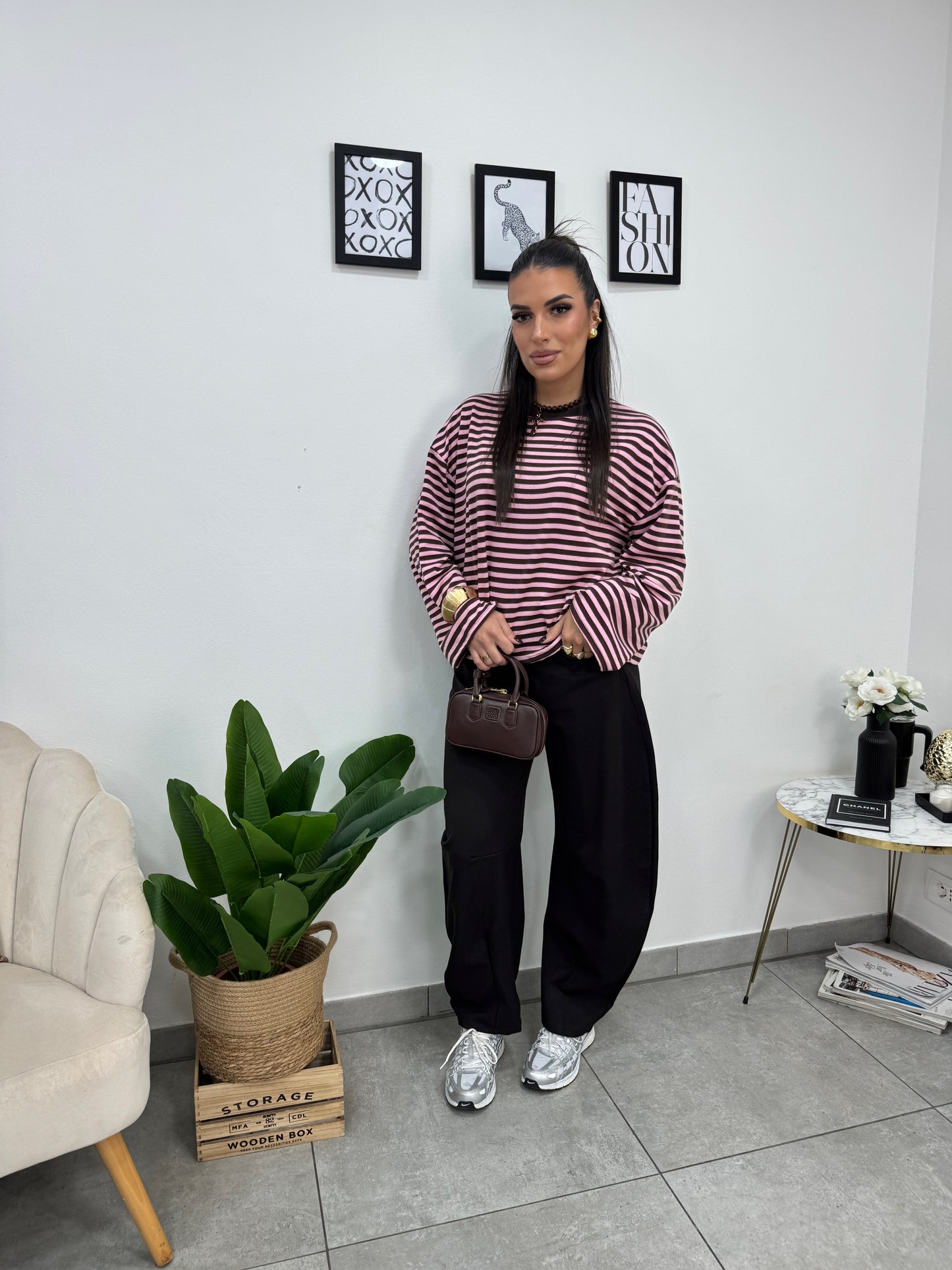 Maglia Righe Marrone Rosa