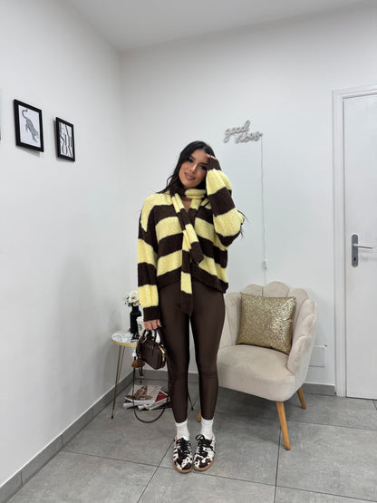 Cardigan Sciarpa Marrone Giallo