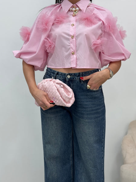 Camicia Crop Flowers Rosa