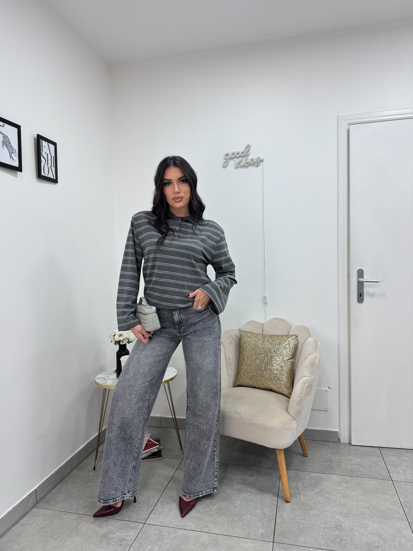 Polo Giselle Grigia Bianca