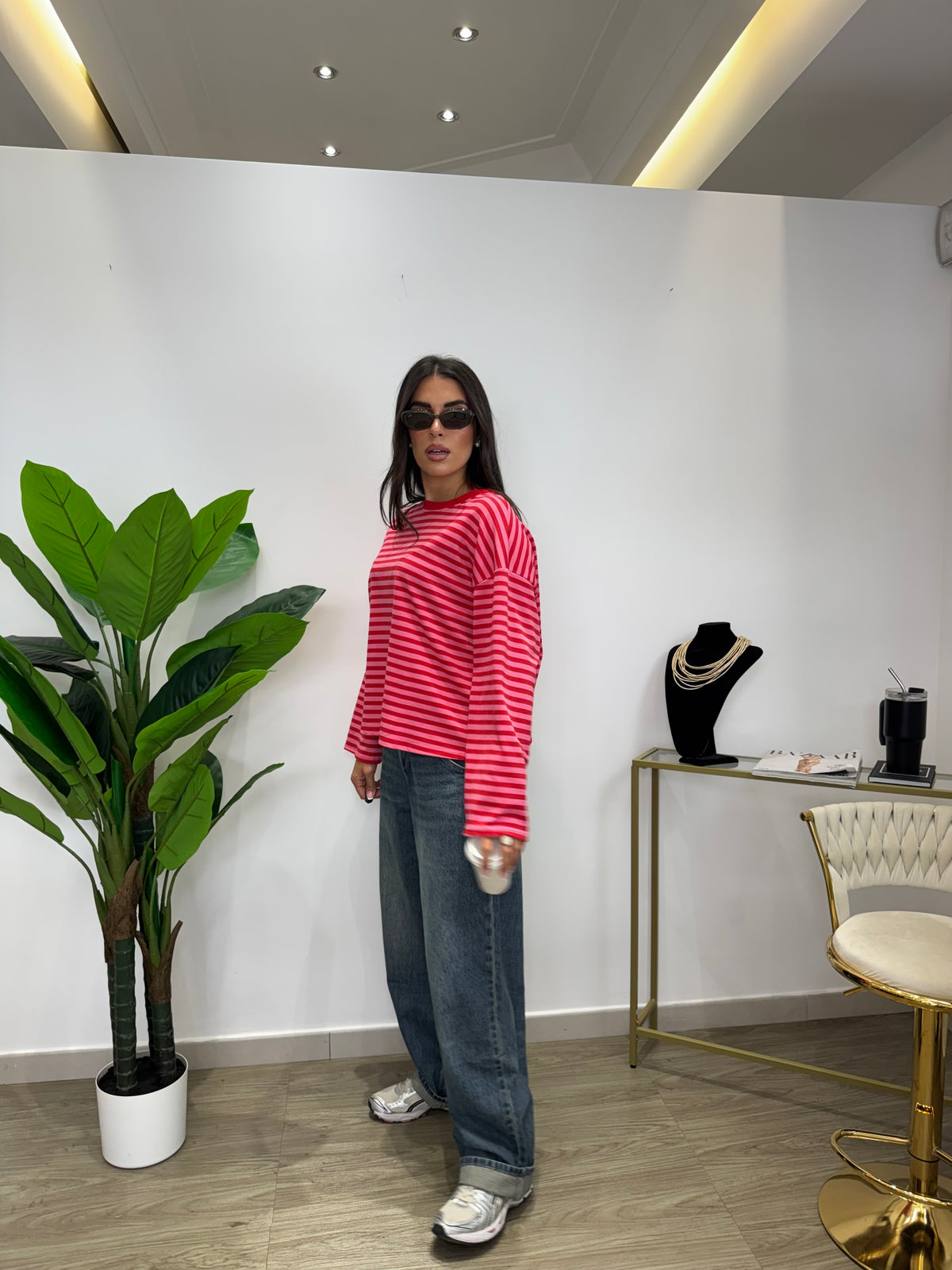 Longsleeve Righe Rosa/Rossa