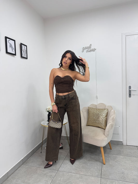 Crop Top Stringato Marrone