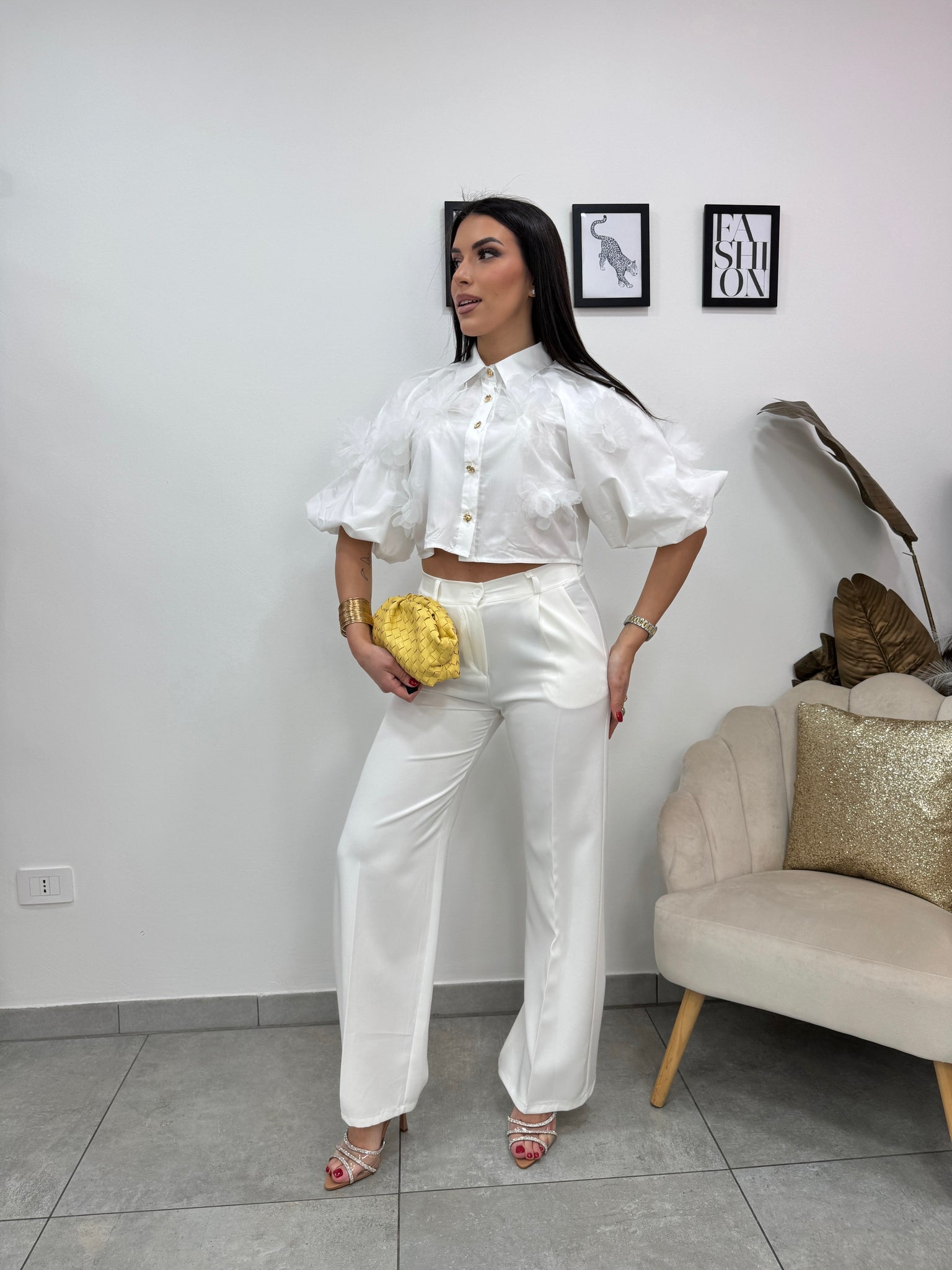 Camicia Crop Flowers Bianca